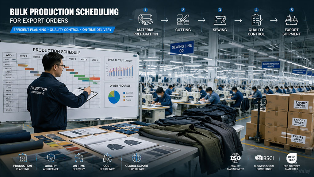 A production manager reviewing an apparel manufacturing schedule on a whiteboard in a busy factory, highlighting real-time progress, daily output targets, and workflow planning for export orders.