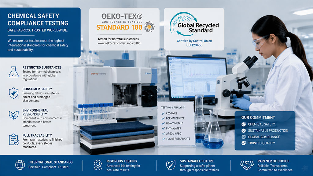 A laboratory technician in a white coat uses a microscope to analyze fabric samples, illustrating chemical safety compliance testing for apparel. The scene highlights adherence to international standards like OEKO-TEX Standard 100 and Global Recycled Standard, monitoring for substances such as azo dyes, formaldehyde, and heavy metals to ensure consumer safety and sustainable production.