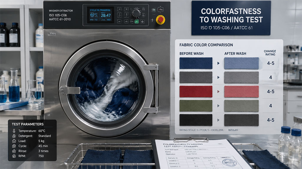 A professional washer extractor machine performing an ISO 105-C06 / AATCC 61 colorfastness to washing test. The image displays the test parameters, including 60°C temperature and a 45-minute cycle, alongside a fabric color comparison chart ranging from "Before Wash" to "After Wash" with standardized change ratings to ensure high-quality, durable textile performance.