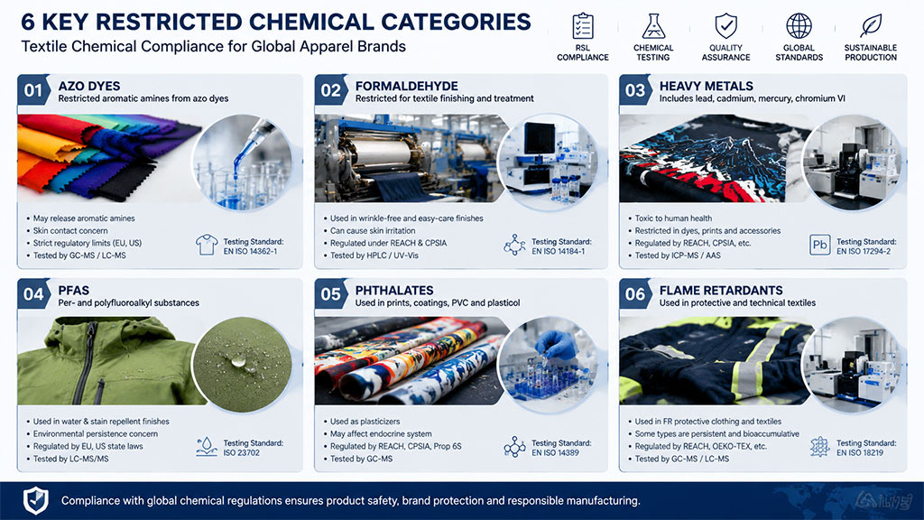 Infographic of 6 key restricted chemical categories in textile manufacturing, detailing azo dyes, formaldehyde, heavy metals, PFAS, phthalates, and flame retardants with testing standards.