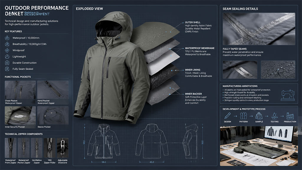 Custom outdoor sports jacket OEM development showing an exploded view of multi-layer waterproof fabric construction, seam sealing details, functional pockets, and technical zipper components.