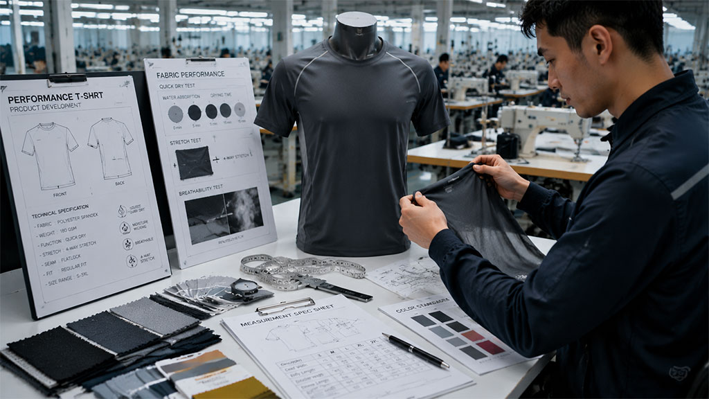 Custom performance T-shirt development in a sportswear OEM factory, featuring fabric performance test boards for quick-dry and stretch, measurement spec sheets, and material analysis.