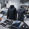 Custom sportswear manufacturer OEM production process overview, bridging digital design and sketches on the left with bulk sewing manufacturing on the factory floor on the right.