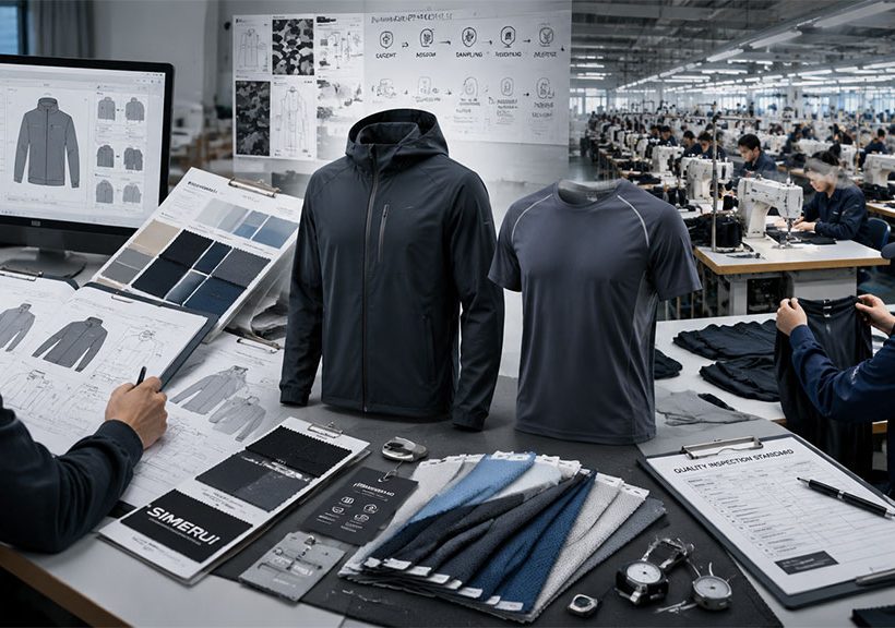 Custom sportswear manufacturer OEM production process overview, bridging digital design and sketches on the left with bulk sewing manufacturing on the factory floor on the right.