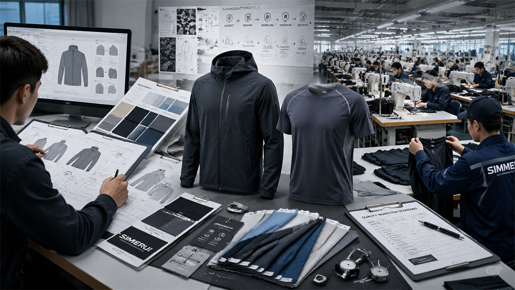 Custom sportswear manufacturer OEM production process overview, bridging digital design and sketches on the left with bulk sewing manufacturing on the factory floor on the right.