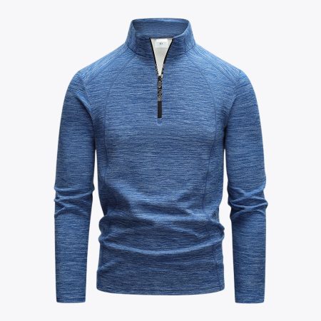 Full front view of the Simmerui thickened long sleeve T-shirt in demi blue, showcasing a quarter-zip mock neck design, athletic fit with contrasting seam detailing, and a textured heather-gray fabric finish.