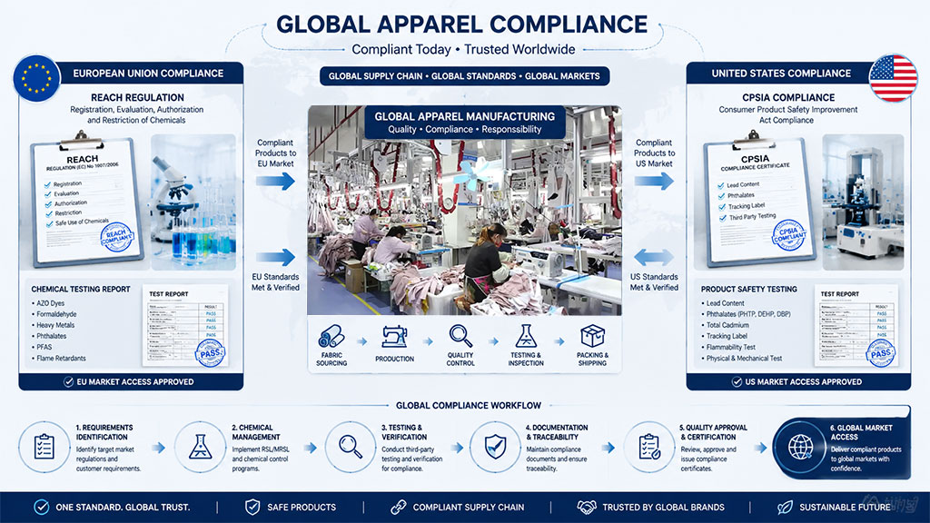 Global apparel compliance overview detailing EU REACH and US CPSIA regulations, testing reports, and the 6-step compliance workflow for international market access.