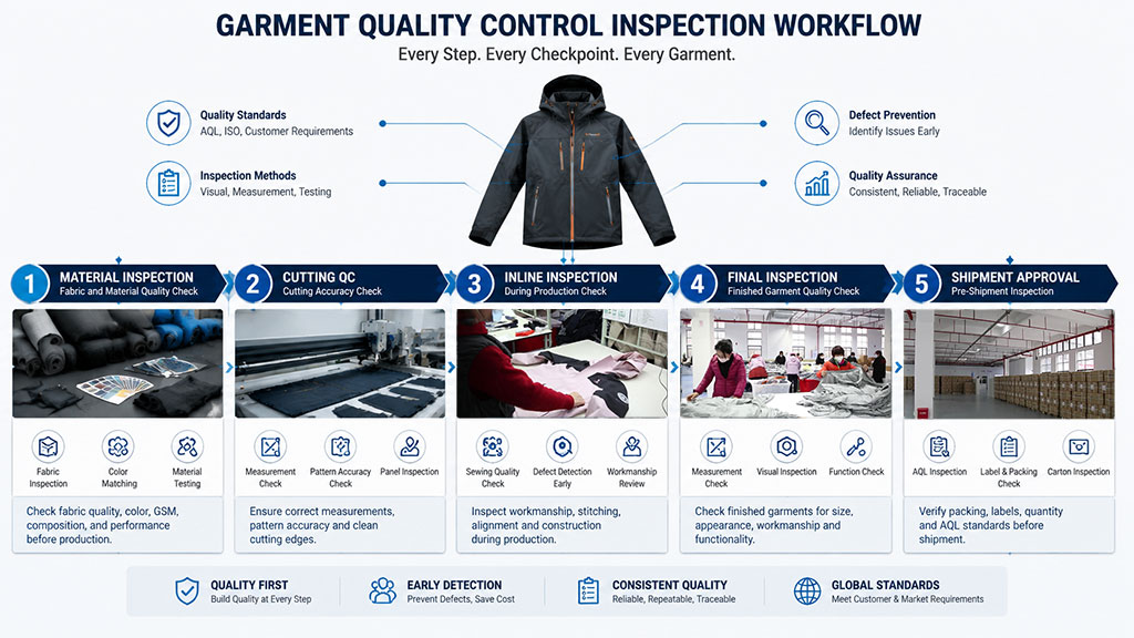 Comprehensive garment quality control inspection workflow infographic detailing the complete system from raw material inspection and cutting QC to inline inspection, final inspection, and pre-shipment approval.