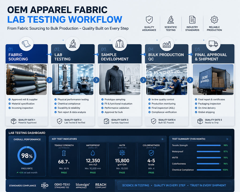 A comprehensive OEM apparel fabric lab testing workflow infographic, detailing quality assurance steps from fabric sourcing and physical performance testing to sample development, bulk production quality control, and final shipment. It includes a live testing dashboard showing a 98% pass rate and compliance with major global standards like ISO, OEKO-TEX, and REACH.