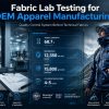 An overview of fabric lab testing for OEM apparel manufacturing, featuring a hiker in technical gear to symbolize real-world performance. The infographic displays test results for tensile strength, waterproof ratings, and moisture vapor transmission rate (MVTR), backed by industry standards like ISO 9001, bluesign, and OEKO-TEX.