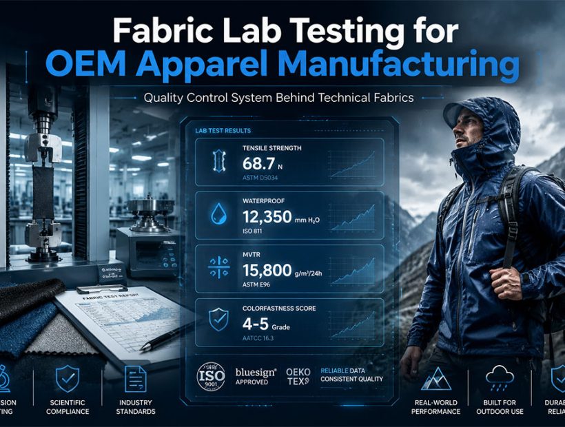 An overview of fabric lab testing for OEM apparel manufacturing, featuring a hiker in technical gear to symbolize real-world performance. The infographic displays test results for tensile strength, waterproof ratings, and moisture vapor transmission rate (MVTR), backed by industry standards like ISO 9001, bluesign, and OEKO-TEX.