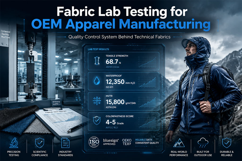 An overview of fabric lab testing for OEM apparel manufacturing, featuring a hiker in technical gear to symbolize real-world performance. The infographic displays test results for tensile strength, waterproof ratings, and moisture vapor transmission rate (MVTR), backed by industry standards like ISO 9001, bluesign, and OEKO-TEX.