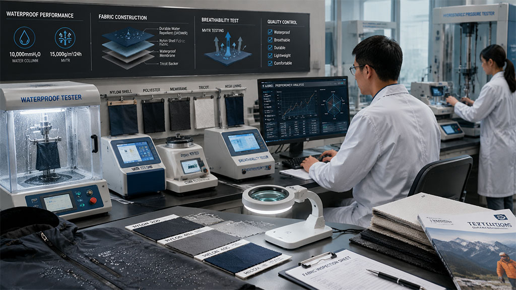 A technical laboratory scene showing researchers performing quality control tests on waterproof fabrics, including hydrostatic pressure and breathability analysis, with data charts and fabric swatches displayed.