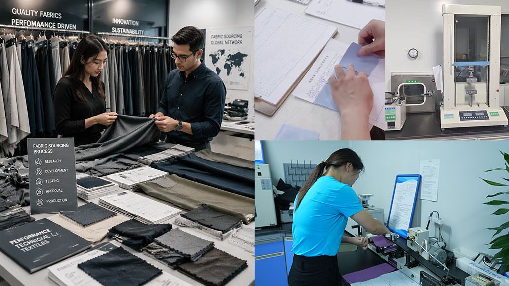 A detailed view of the fabric sourcing stage, showing two professionals reviewing various textile swatches and technical materials on a table, a worker inspecting material test records, and a technician operating a material strength testing machine in a laboratory environment.