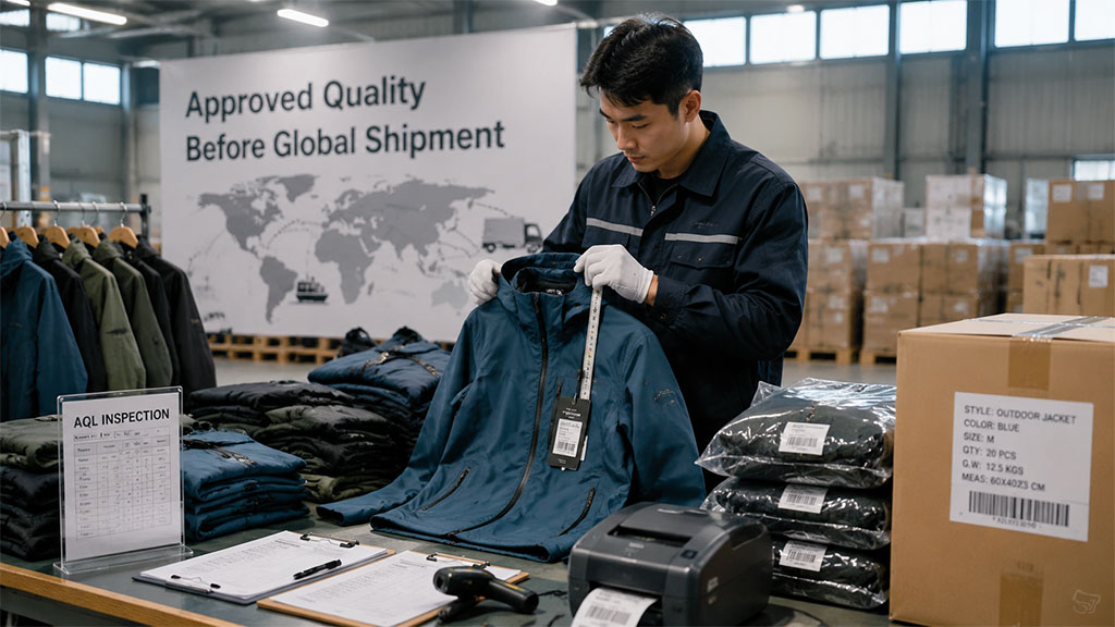 A garment inspector conducting a final quality control check and measurement verification on a blue outdoor jacket in a warehouse before global shipment, ensuring compliance with AQL standards.