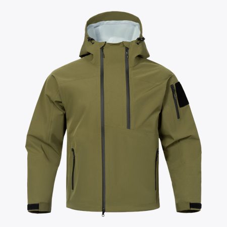 Front view of the SimmerUI Forest-Green hard shell waterproof tactical jacket featuring a zipped hood and sleeve patch panel