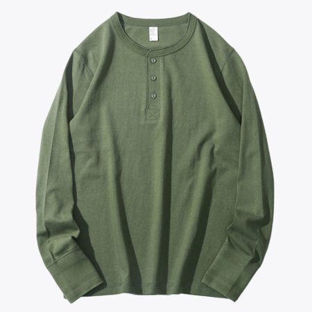 Full view of the Simmerui heavy-duty henley T-shirt in a green color, showcasing the long-sleeve design, classic round neckline, and a three-button placket.