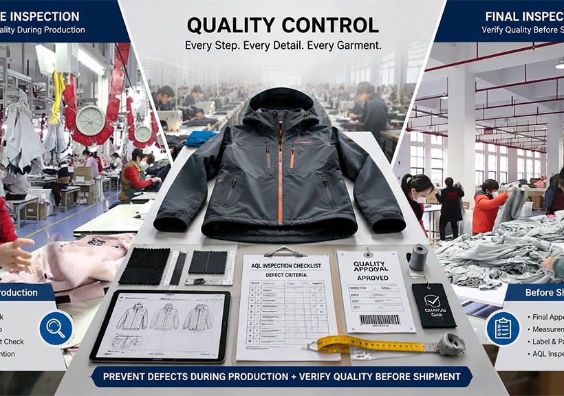 Detailed overview banner comparing inline inspection during apparel production with final quality control verification before shipment to ensure zero defects and consistent quality standards.