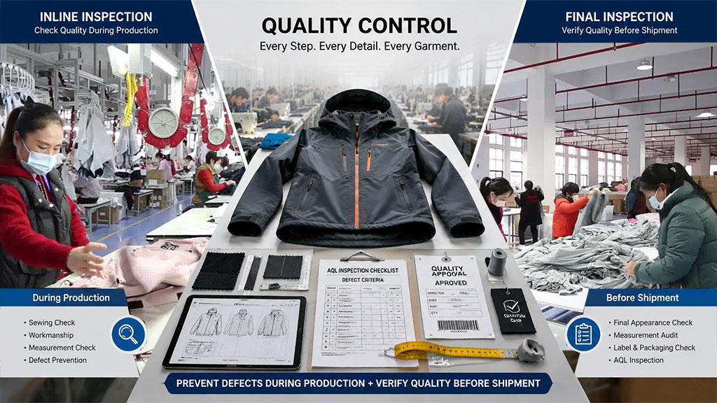 Detailed overview banner comparing inline inspection during apparel production with final quality control verification before shipment to ensure zero defects and consistent quality standards.