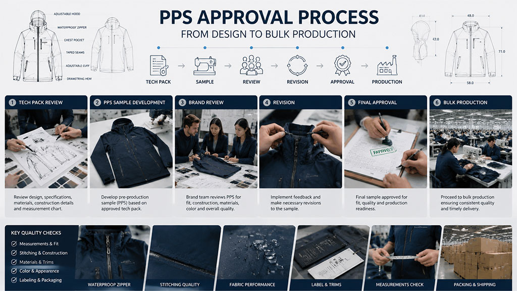 A detailed "PPS Approval Process" flowchart, illustrating the six critical steps from tech pack review, sample development, and brand review, to revision, final approval, and bulk production, with a section below highlighting key quality checks including measurements, stitching, fabric performance, and labeling/packaging.