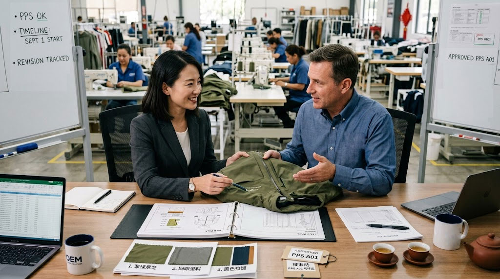 A professional collaboration scene in a factory office where a garment manufacturer representative and a brand client are reviewing a green pre-production sample, with technical packs, fabric swatches, zipper samples, and "Approved PPS" documents laid out on the table to demonstrate effective communication and quality control.