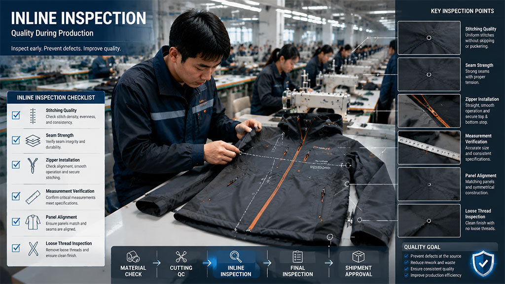 A factory production worker performing an inline inspection on an outdoor jacket, checking key production points such as stitching quality, seam strength, zipper installation, and panel alignment.