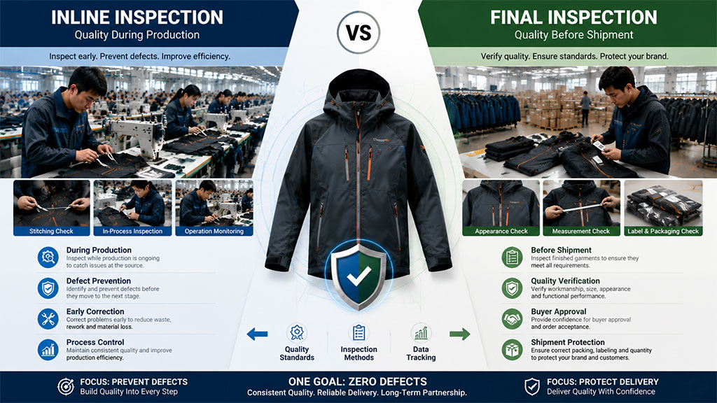 Comparative infographic contrasting inline inspection focused on defect prevention during production with final inspection focused on protecting delivery and verifying finished garment standards.