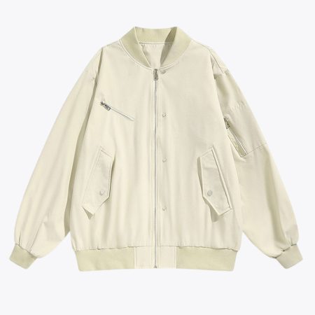 Full view of the Simmerui unisex bomber jacket in khaki, showcasing a streetwear-inspired silhouette, ribbed collar and cuffs, and distinctive metal zipper pocket detailing on the chest and sleeve.