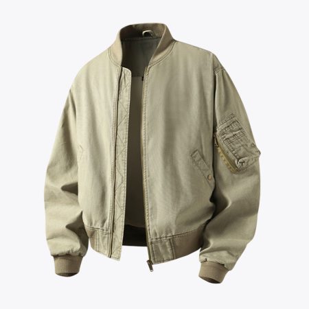 SimmerUI retro washed stand up collar bomber jacket in light khaki featuring a front zipper closure, utility sleeve pocket, and a relaxed streetwear silhouette.