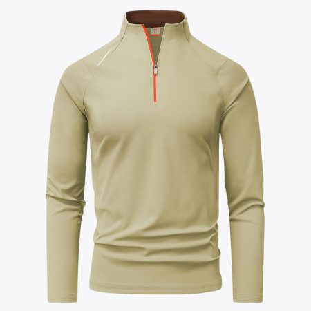 Full front studio view of the Simmerui men's athletic long sleeve T-shirt in light khaki, featuring a quarter-zip neckline with a vibrant orange zipper trim, standing collar, and a sporty design suitable for running or gym activities.