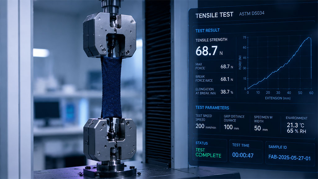 A close-up of a tensile testing machine conducting an ASTM D5034 test on a blue fabric sample. The digital interface displays real-time data including a maximum force of 68.7 N, elongation at break percentages, and specific test parameters like grip distance and environmental conditions to verify fabric durability and mechanical integrity.