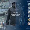 An infographic titled "Apparel Manufacturing Excellence" detailing the six-step production workflow: Tech Pack, Fabric Sourcing, Sampling, Bulk Production, Quality Control, and Shipment, accompanied by photos of factory production lines and a technical jacket illustration.