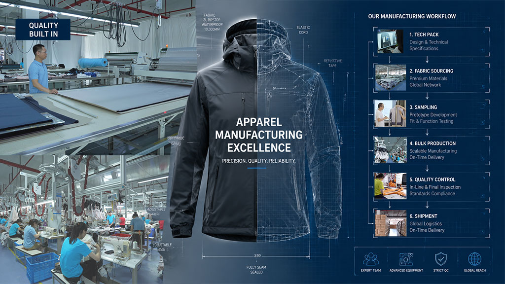 An infographic titled "Apparel Manufacturing Excellence" detailing the six-step production workflow: Tech Pack, Fabric Sourcing, Sampling, Bulk Production, Quality Control, and Shipment, accompanied by photos of factory production lines and a technical jacket illustration.