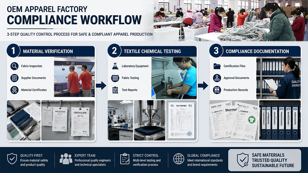 OEM apparel factory compliance workflow illustrating a 3-step quality control process for material verification, textile chemical testing, and certification documentation.