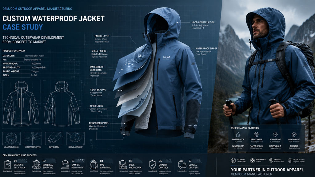 An informative infographic titled "OEM Waterproof Jacket Development Process," detailing the stages from initial design concept and material selection to prototype sampling, fit approval, and bulk production.