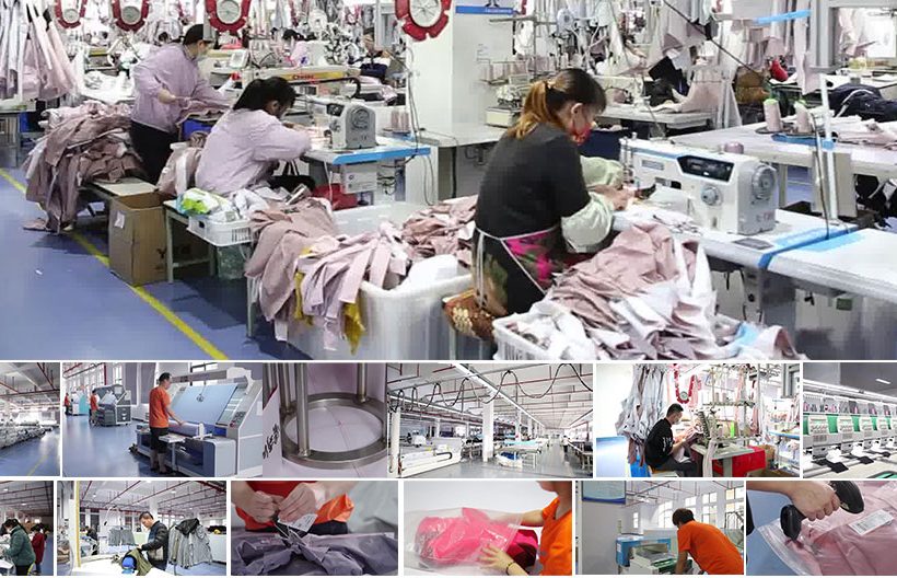A view of a garment production line featuring numerous workers operating industrial sewing machines, highlighting the high-volume manufacturing process for technical outerwear.