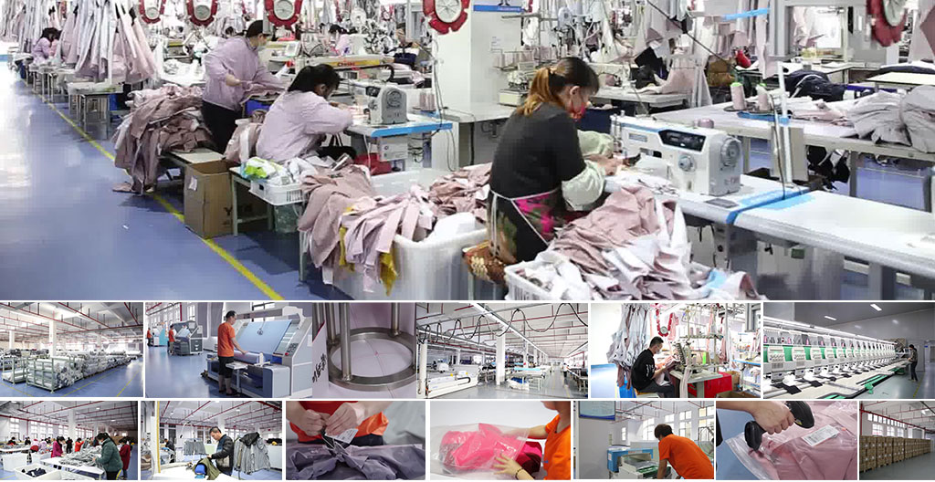 A view of a garment production line featuring numerous workers operating industrial sewing machines, highlighting the high-volume manufacturing process for technical outerwear.