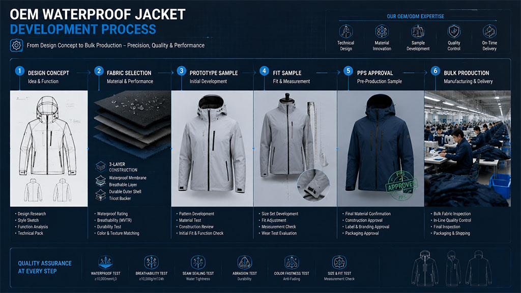 An informative infographic titled "OEM Waterproof Jacket Development Process," detailing the stages from initial design concept and material selection to prototype sampling, fit approval, and bulk production.