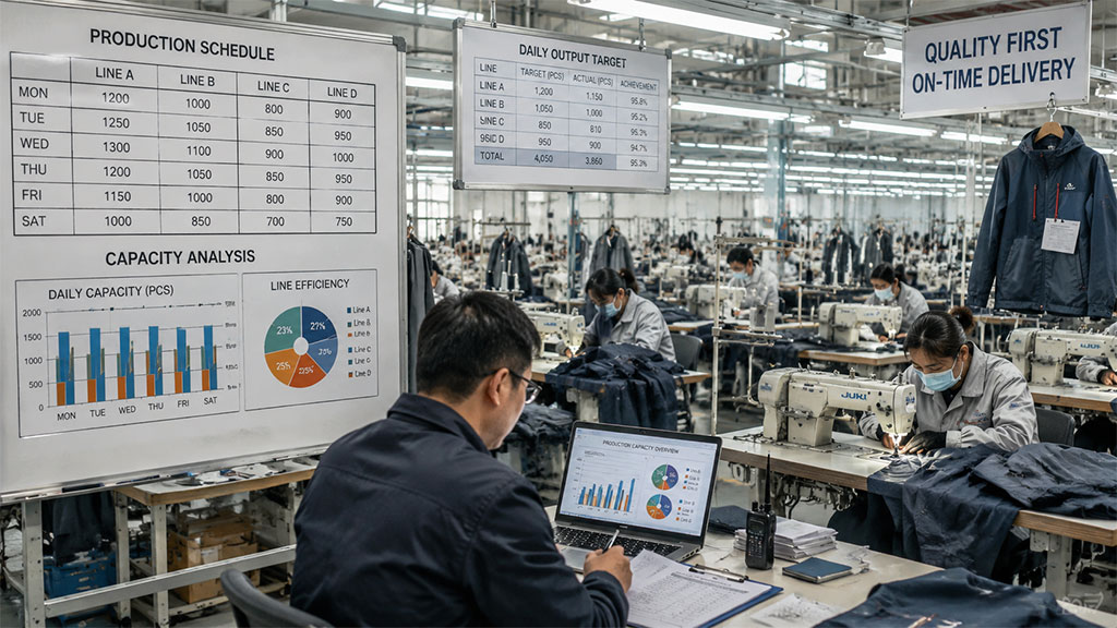 Professional production planning in an apparel factory, showing a manager analyzing capacity charts and daily output targets while staff work on an industrial sewing line to ensure on-time delivery.