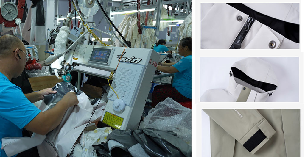 A composite image showing a worker using a specialized seam-sealing machine to ensure waterproof integrity, alongside close-up details of jacket zippers, hood construction, and reinforced sleeve cuffs.