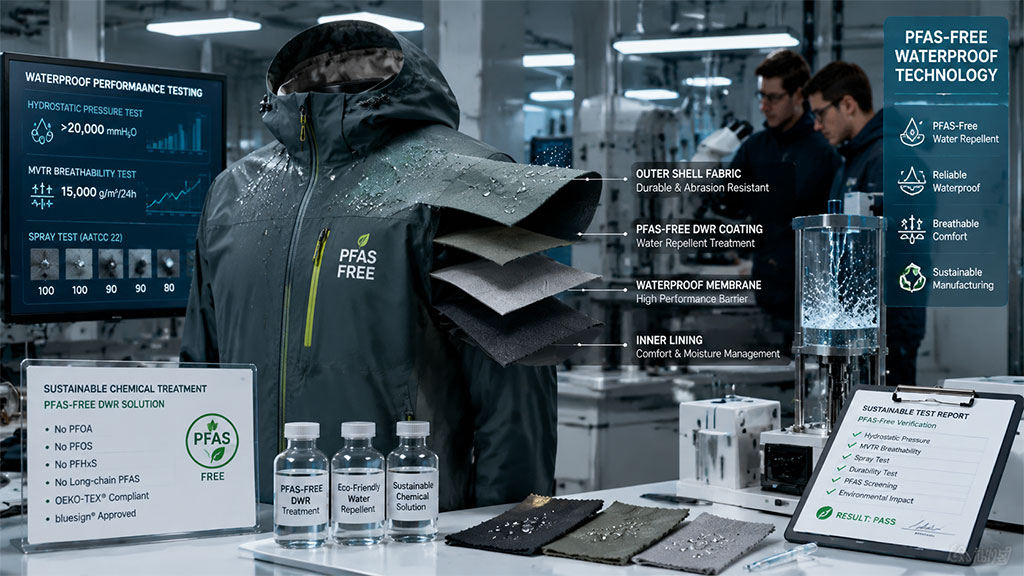 PFAS-free waterproof technology in outdoor apparel manufacturing, showing multi-layer fabric construction, sustainable DWR chemical treatment, and hydrostatic pressure testing.