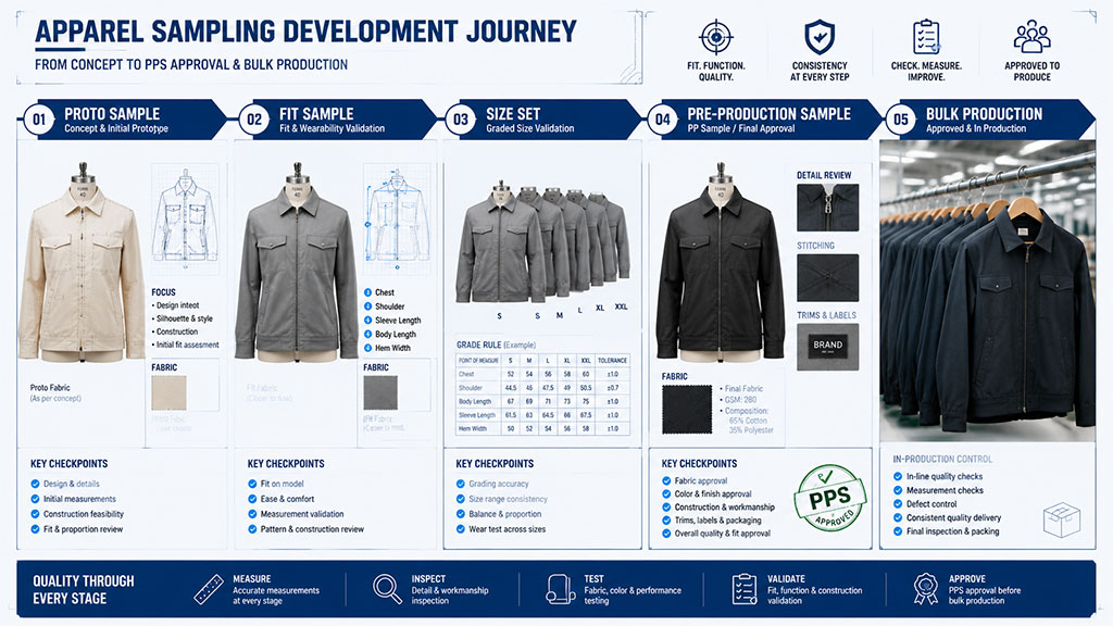 An infographic titled "Apparel Sampling Development Journey" that compares the five stages of production: Proto Sample, Fit Sample, Size Set, Pre-Production Sample (PPS), and Bulk Production, outlining the key checkpoints, measurement validation, and fabric approval processes required at each stage before moving to mass manufacturing.