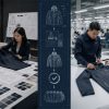 A composite image illustrating the Pre-Production Sample (PPS) approval process in apparel manufacturing. On the left, a team of professionals in a design studio reviews a navy blue tactical jacket against technical sketches and fabric color swatches. In the center, a vertical infographic flow diagram shows the transition from a technical design sketch through development and approval stages to mass production. On the right, a production team in a factory environment performs a hands-on quality inspection of the finished jacket on a white workbench, using tablets to document the assessment.