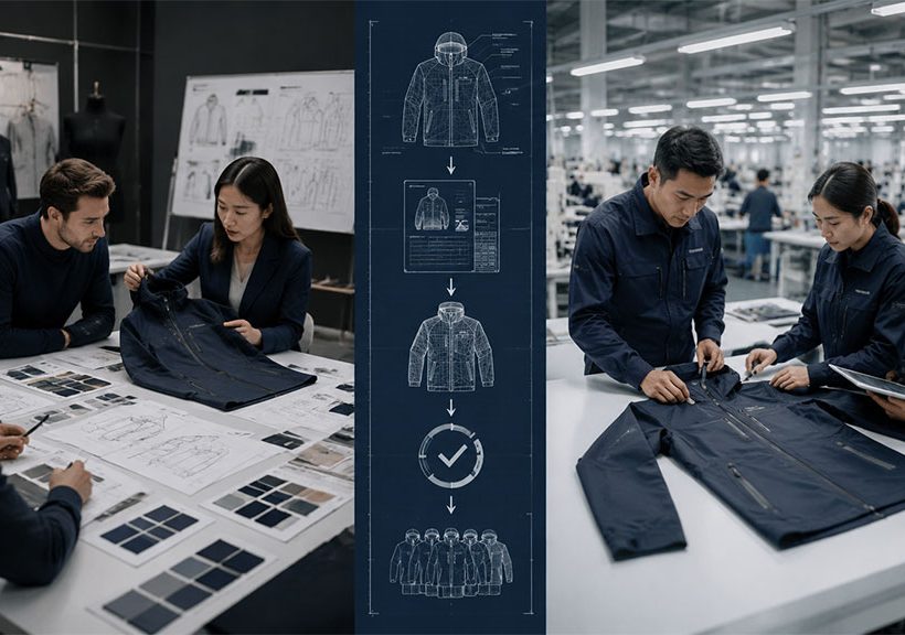 A composite image illustrating the Pre-Production Sample (PPS) approval process in apparel manufacturing. On the left, a team of professionals in a design studio reviews a navy blue tactical jacket against technical sketches and fabric color swatches. In the center, a vertical infographic flow diagram shows the transition from a technical design sketch through development and approval stages to mass production. On the right, a production team in a factory environment performs a hands-on quality inspection of the finished jacket on a white workbench, using tablets to document the assessment.