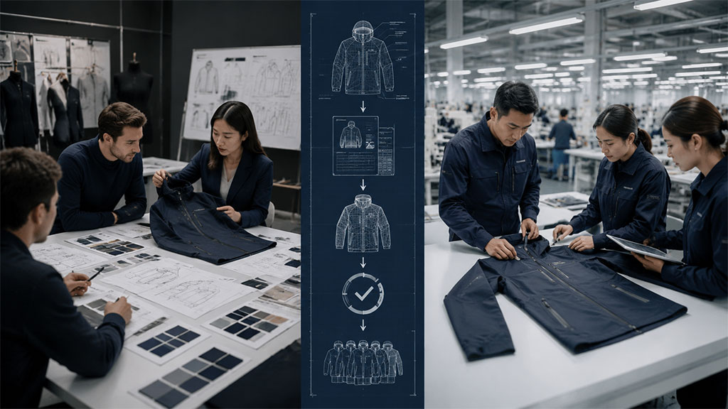 A composite image illustrating the Pre-Production Sample (PPS) approval process in apparel manufacturing. On the left, a team of professionals in a design studio reviews a navy blue tactical jacket against technical sketches and fabric color swatches. In the center, a vertical infographic flow diagram shows the transition from a technical design sketch through development and approval stages to mass production. On the right, a production team in a factory environment performs a hands-on quality inspection of the finished jacket on a white workbench, using tablets to document the assessment.