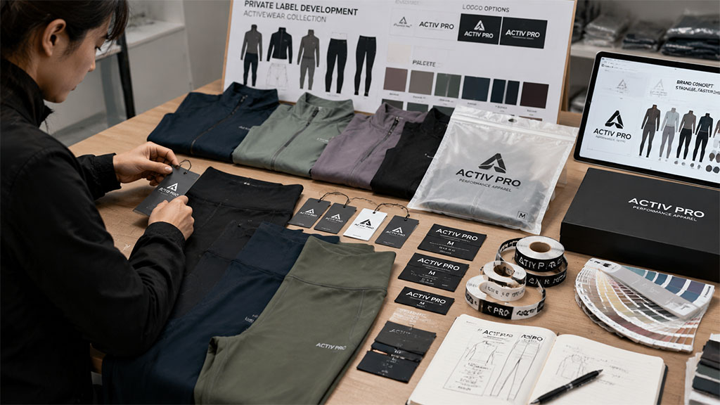 Private label activewear customization featuring custom hang tags, woven labels, branded polybags, color swatches, and sportswear branding options for OEM manufacturing.