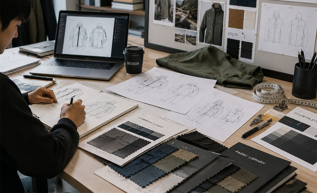 A professional team meeting in an office setting, gathered around a large conference table to discuss garment design and development, with a team member adjusting a prototype jacket on a mannequin in front of a presentation screen.