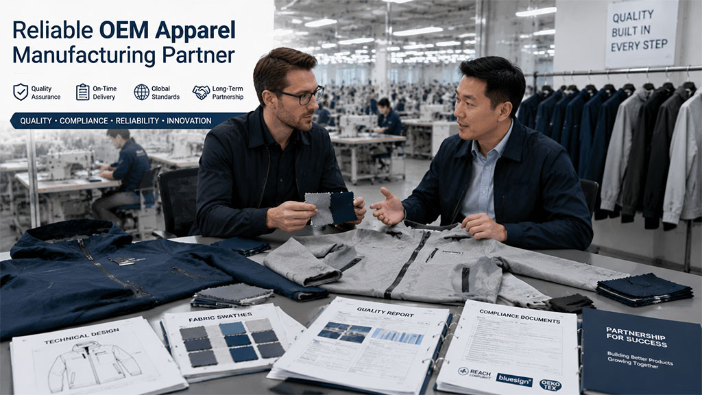 Professional apparel OEM partnership meeting in a garment factory, with business partners reviewing fabric swatches, technical designs, quality reports, and compliance documents.