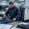 RSL compliance and restricted chemicals guide for apparel brands, featuring an inspector checking fabric quality against EU and US market test results in a textile factory.