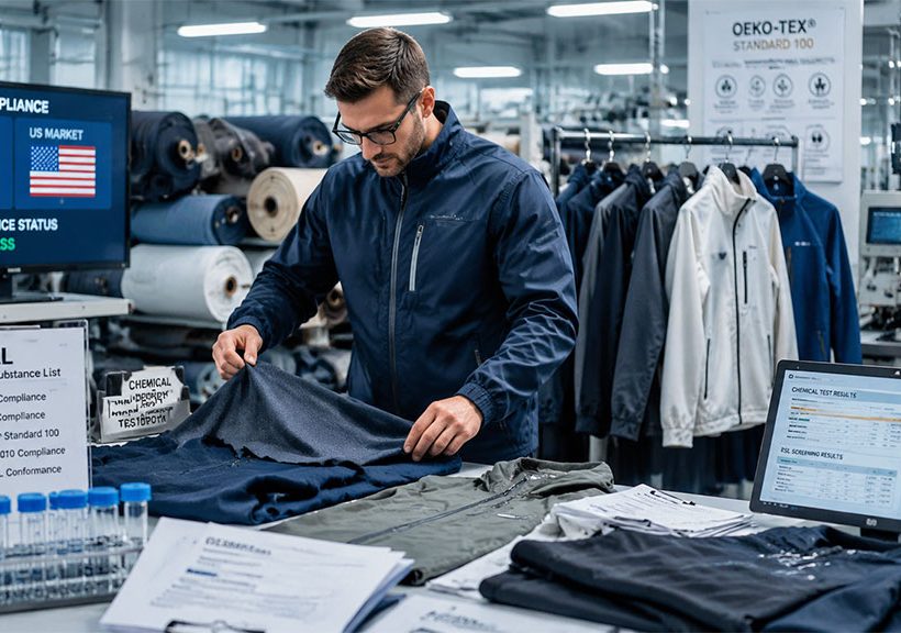 RSL compliance and restricted chemicals guide for apparel brands, featuring an inspector checking fabric quality against EU and US market test results in a textile factory.